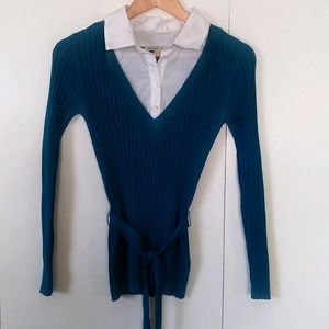 Carolyn Taylor teal knit sweater with white woven collar size Medium